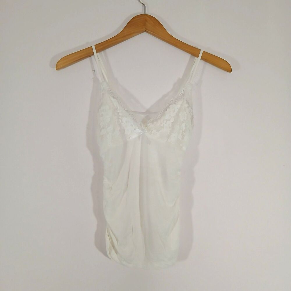 White Lace Cami Tank XXS Spaghetti Strap Ruched Stretch Soft Camisole